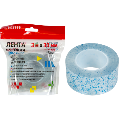 Скотч 30мм х 3м ДВУХСТОРОН голубая с блёстками deVente.NANO TAPE GLITTER с европодвесом