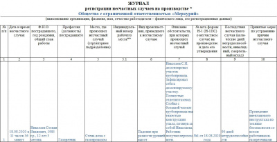 Журнал регистрации несчастных случае на производстве
