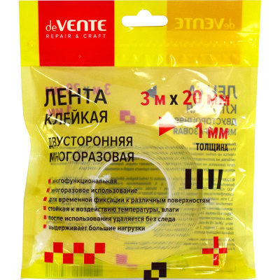 Скотч 20мм х 3м, 1мм,двухстор. мн/р, прозр, ,deVENTE,,з/п