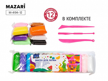 Масса для лепки 12 цв 156гр, + стеки 3шт, Mazari А-2026-12
