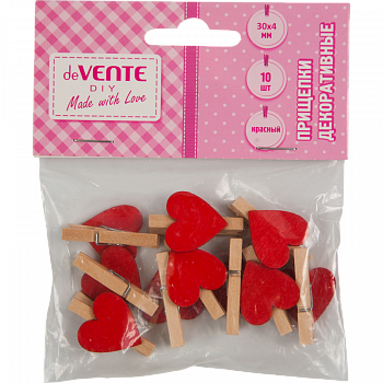 Прищепки декор.дерев. deVENTE.Hearts, 30*4мм, 10шт,п/л,(красные)