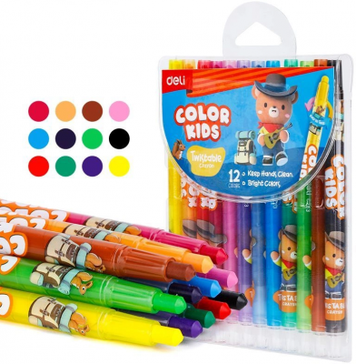 Восковые мелки 12цв Deli EC223-12 Color Kids кругл с поворотным механизмом дл.165мм, д.10мм