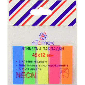 Клейкие листки-закладки 45*12мм 5цв*20л (пласт) НЕОН Attomex