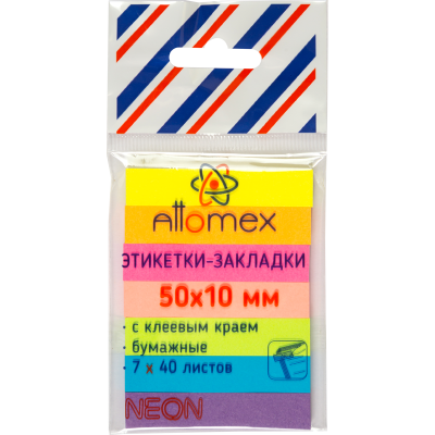 Клейкие листки-закладки 50*10мм 7цв*40л Attomex бумаж НЕОН 