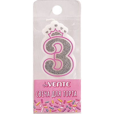 Свеча для торта на deVente.Розов принцесса" 3, 5,8x3,8x0,8см, серебр/рис,бел,пл/к