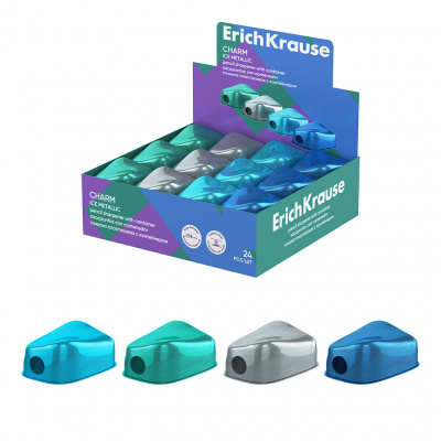 Точилка пластиковая ErichKrause Charm, Ice Metallic, с контейнером, ассорти (в коробке по 24шт)