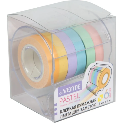 Набор клейкой бум ленты + диспенсер 7,5*5,5см deVente Pastel, 6цв/лент 8мм*5м, пл/к