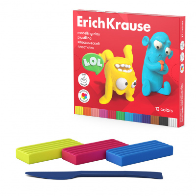 Пластилин классический ErichKrause Jolly Friends 12 цветов со стеком, 216 г (в коробке 12 шт)