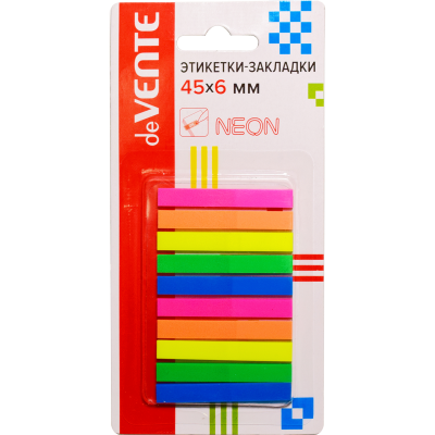 Клейкие листки-закладки 45*6мм 10*25л, 10неон/полосок, пласт, п/прозр, deVente, к/бл
