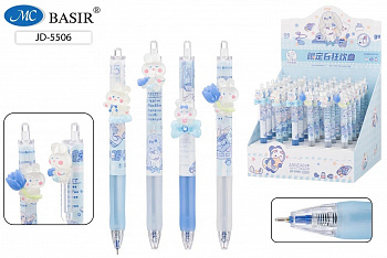 Ручка авт. ЗАЙЧИКИ,0,5мм синяя бело-голубой корп. с рис. коип с насадк., резин.держ 