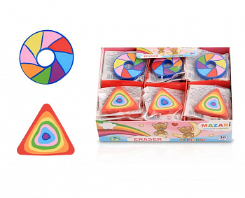 Ластик MAZARI RAINBOW, синтетический каучук, фигурный, 2 дизайна (колесо+треуго), ОПП- упаковка / ка