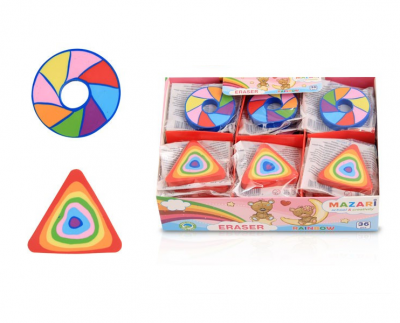 Ластик MAZARI RAINBOW, синтетический каучук, фигурный, 2 дизайна (колесо+треуго), ОПП- упаковка / ка