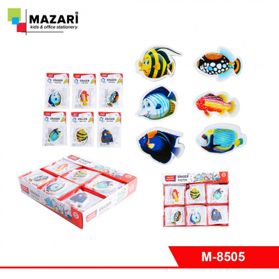 Ластик MAZARI FISH, термопластичная резина, фигурный, 6 дизайнов, ОПП- упаковка / картонный дисплей